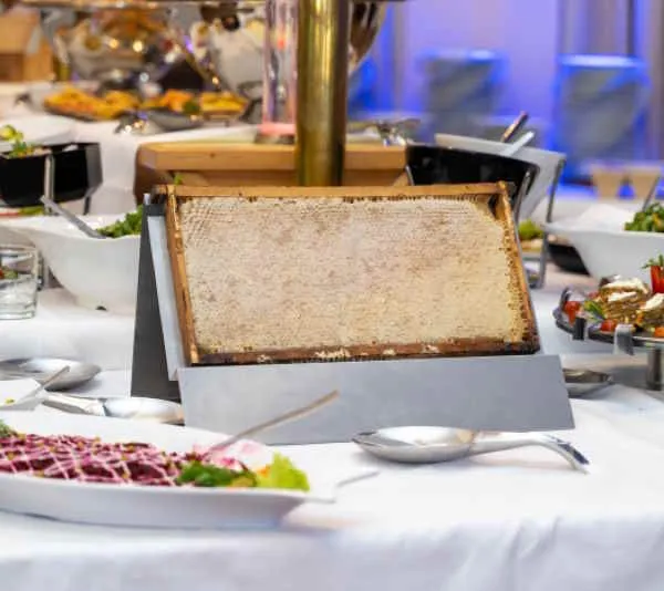 Wabendisplay mit ganzer Honigwabe auf einem Buffet